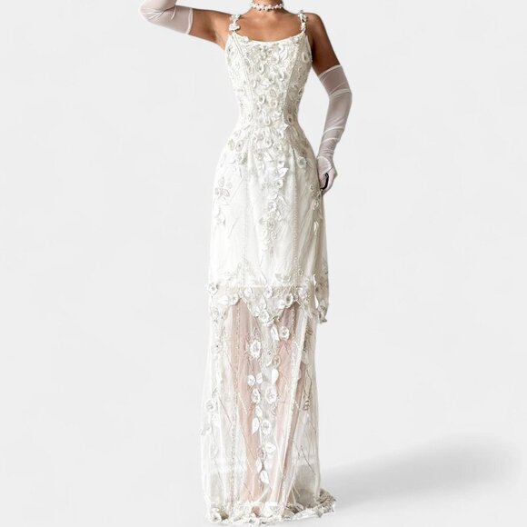 Vintage Off White Floral Applique Beaded Mesh Maxi Bodycon Prom Dress Size M - Picture 2 of 8